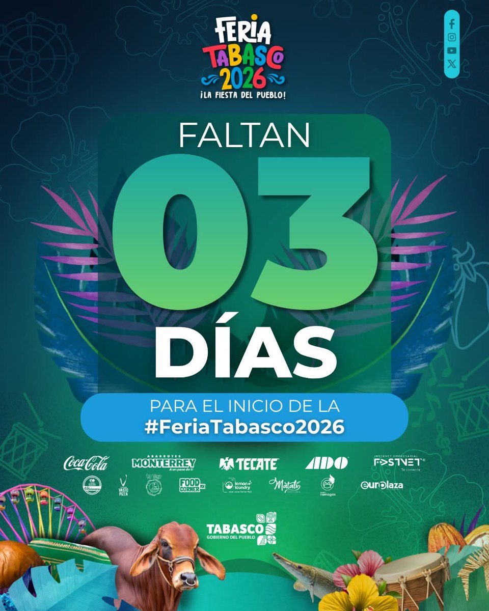 Faltan 3 días para vivir la alegría, tradición y emoción de la gran #FeriaTabasco2026. 🌺💚

Prepárate para disfrutar de música, cultura, gastronomía, diversión y momentos inolvidables en ¡La Fiesta del Pueblo! 🙌🎡🐂

📅 Cada vez estamos más cerca de celebrar juntos.