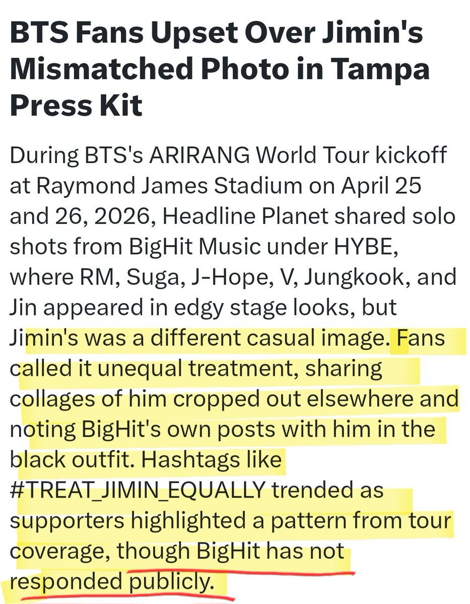 JIMIN_RECORD13's tweet photo. 현재 미국 X 트렌딩으로 지민이 방탄소년단 콘서트 중 새로운 팬들 영입에 지대한 영향력을 미치고 있는 동안, 회사의 지민에 대한 차별대우에 대한 팬들의 지적이 높아지고 있는 것을 잘 볼 수 있습니다.

@bts_bighit
@BIGHIT_MUSIC
@HYBEOFFICIALtwt

▪️BTS Fans Upset Over Jimin's mismatched Photo in Tampa Press Kit:
회사에서 배포한 멤버들의 사진 중 지민의 사진만 전혀 다름으로써 팬들의 #TREAT_JIMIN_EQUALLY 가 트렌딩 중이지만 회사는 아직 묵묵부답 

▪️Florida Man's Raving Review of BTS Tampa Concert Captivates Fans: 탐파 콘서트 중 새로운 팬의 영입에 대해 다루며 탐파 콘서트 중 지민의 블론드 포니테일 헤어와 유려한 춤에 대한 팬캠들에 대해 언급

#BTS_WORLDTOUR_ARIRANG_TAMPA