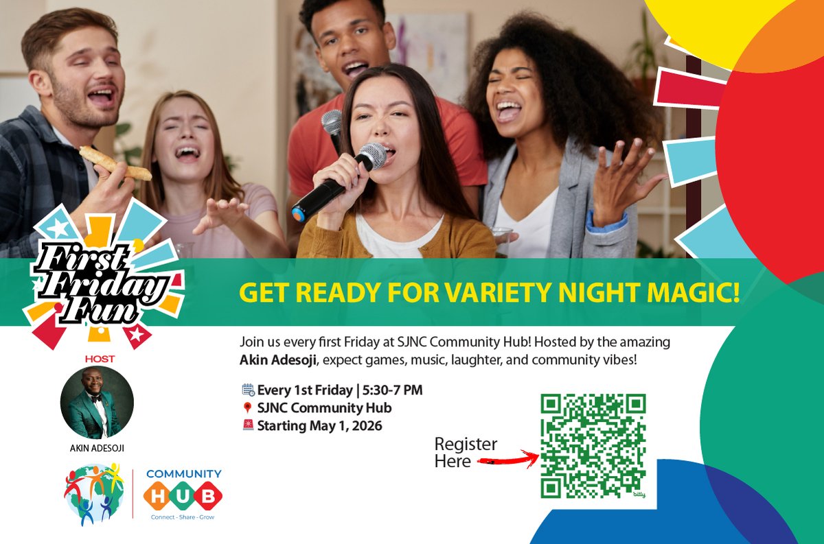 SJNewcomersCntr's tweet photo. 🎉 First Friday Fun starts May 1! Variety night w/ Akin Adesoji: games, music, laughs! Every 1st Friday 5:30-7PM @ SJNC Hub. Register: https://t.co/GGqdympe7u Bring friends &amp; smiles! #SJNC #FirstFridayFun https://t.co/1rqyRhbBZ3