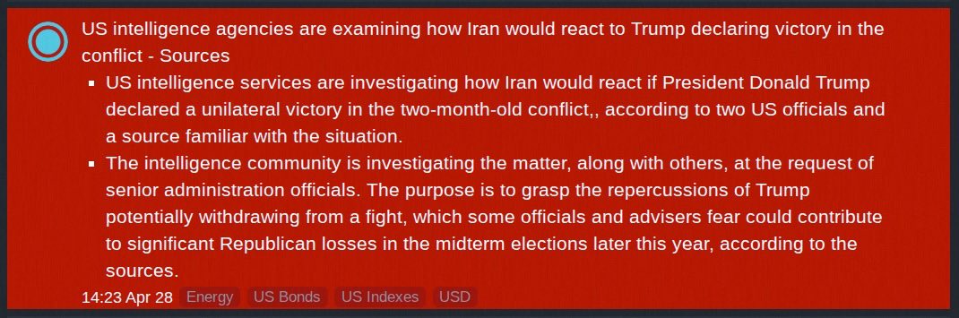 🚨 NEW DETAILS JUST DROPPED:

US intelligence is actively war-gaming what happens if Trump declares victory and pulls out of Iran.

His own advisers are warning him it could cost Republicans the midterms.

I’ll share more updates shortly, notifs on.