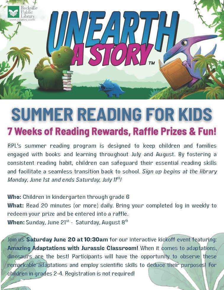 Sign up for Rockville Public Library's "Unearth a Story" Summer Reading for Kids, which takes place from June 21st through August 8th