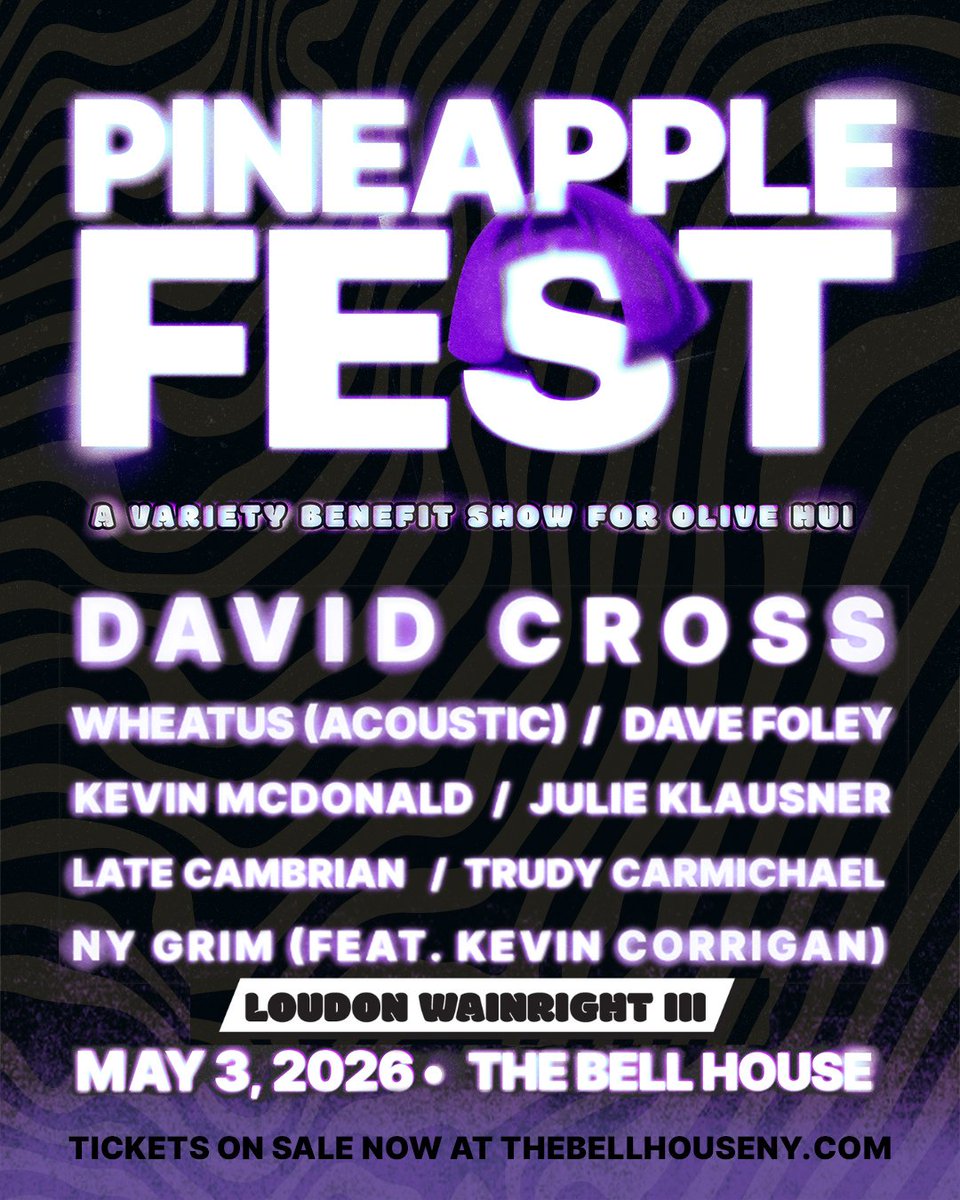 BellHouseNY's tweet photo. SUN 5/3: Pineapplefest: A Variety Benefit Show for Olive Hui!
Featuring @davidcrosss, @lw3official, @julieklausner, @kevinthekith, @DaveSFoley, @wheatus (acoustic), Trudy Carmichael, NY Grim Feat. @KevinFCorrigan + MORE! 

Tickets &amp; Details: https://t.co/ri67wBlxxL https://t.co/F92V9s6oDS