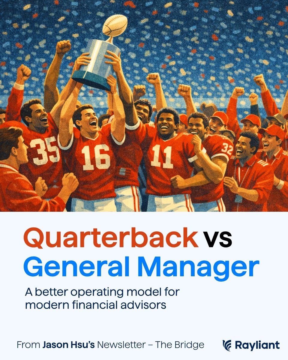 rayliant's tweet photo. Many financial advisors have built their practices around being the portfolio “quarterback”—selecting stocks, timing markets, and calling every investment play.

But today’s landscape looks very different.

Institutional investment teams, systematic strategies, and low-cost ETFs have made it increasingly difficult for individual advisors to consistently outperform markets. At the same time, client needs have expanded beyond portfolio management to include planning, tax strategy, and long-term wealth guidance.

In his "QB vs GM" series, Rayliant CIO @hsu_jason explores an alternative model: the advisor as the "general manager"—orchestrating institutional investment expertise while focusing on the broader financial lives of clients.

Here are important takeaways for advisors looking to level-up!

SUBSCRIBE to The Bridge on LinkedIn and read the full articles:

Part 1 The False Heroics of Stock Picking: https://t.co/9F9NJ40g0W
Part 2 Building a Dynasty: https://t.co/kt3fBfuET7
Part 3 The Playbook for Transition: https://t.co/n1SMDBAtLS