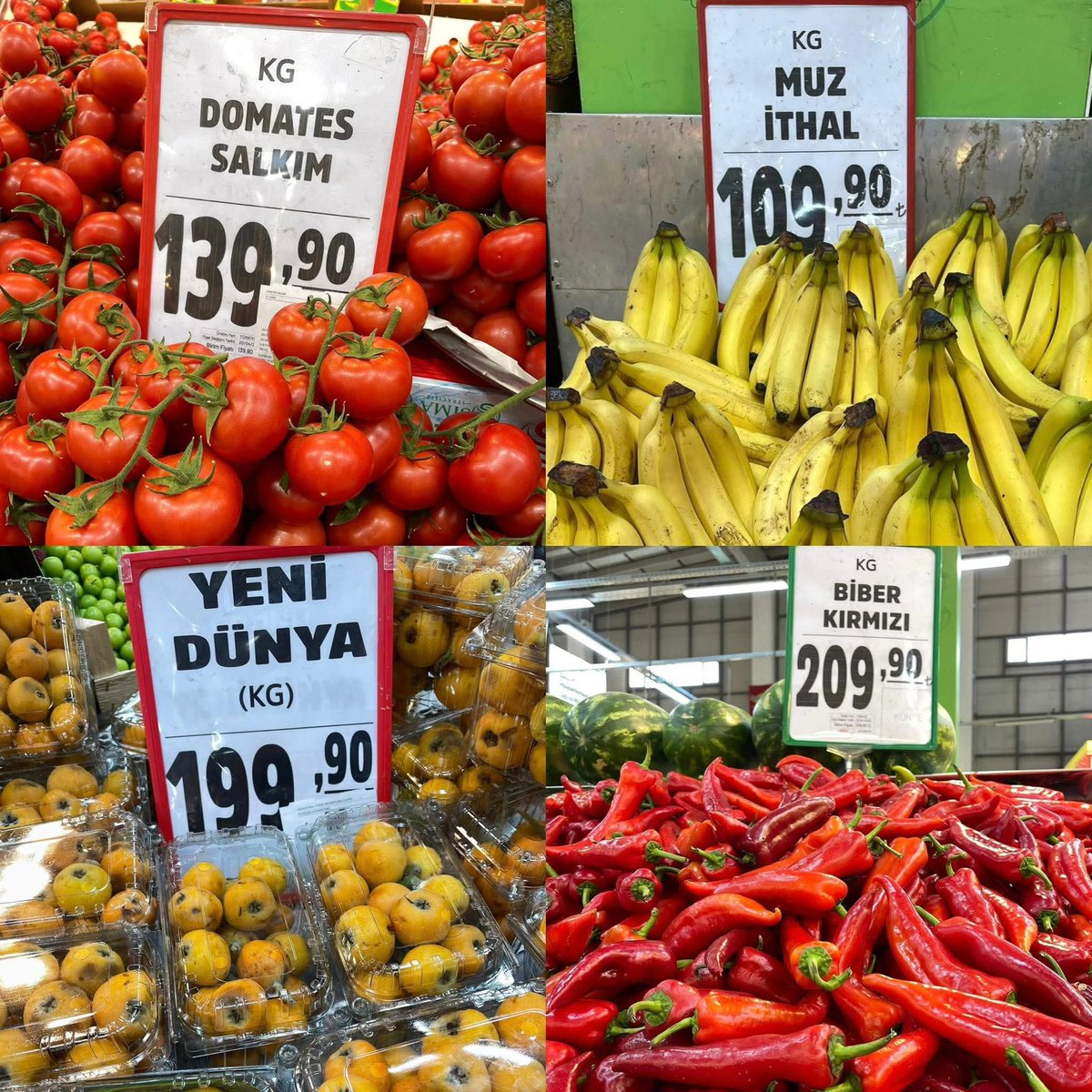 Muz 5000 Km öteden (Ekvator) geliyor, kilosu 110 TL

Domates 500 Km öteden (Antalya) geliyor, kilosu 140 TL

Mango 12.000 Km öteden (Peru) geliyor, kilosu 165 TL

Yenidünya 500 Km öteden (Mersin) geliyor, kilosu 200 TL

Hindistan Cevizi 10.000 Km öteden (Ekvator) geliyor, kilosu