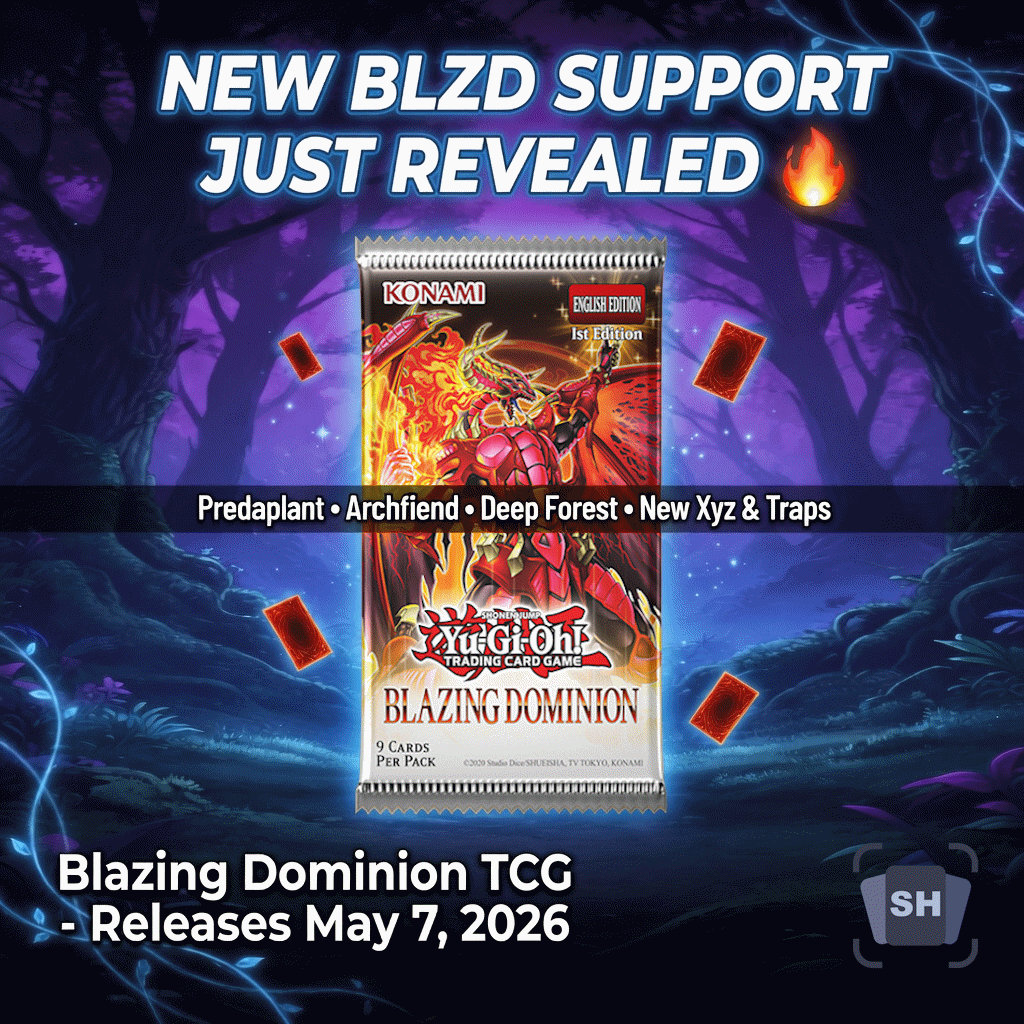 summonhub's tweet photo. Blazing Dominion #BLZD release is near🚨New Predaplant, Archfiend & Deep Forest support plus fresh Xyz monsters and Traps are coming. TCG full release hits May 7th #BlazingDominion #SummonHub https://t.co/3ydX06gi0h