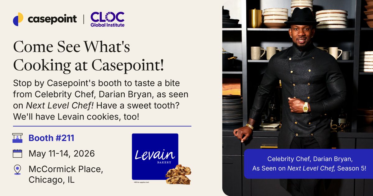 Casepoint's tweet photo. The best #legalops conversations at #CGI2026 start with a real workflow problem and a tasty bite. Visit Booth #211 to see how #Casepoint simplifies complex legal work with industry-leading security and AI-powered technology. Learn more here: https://t.co/eRRINHxHQ9 https://t.co/dh3mJArvE2