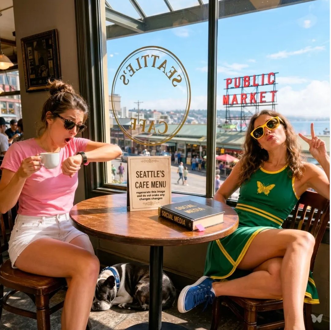 With #DesignaAI you can prompt w/ few words, or give more details - ⏬
Prompt: 2 girls in a coffee shop in Seattle, 1 girl has a green outfit w/ gold butterfly on her top &amp; other girl has a watch on her wrist she is looking at while a photo taken of them.  designa.ai