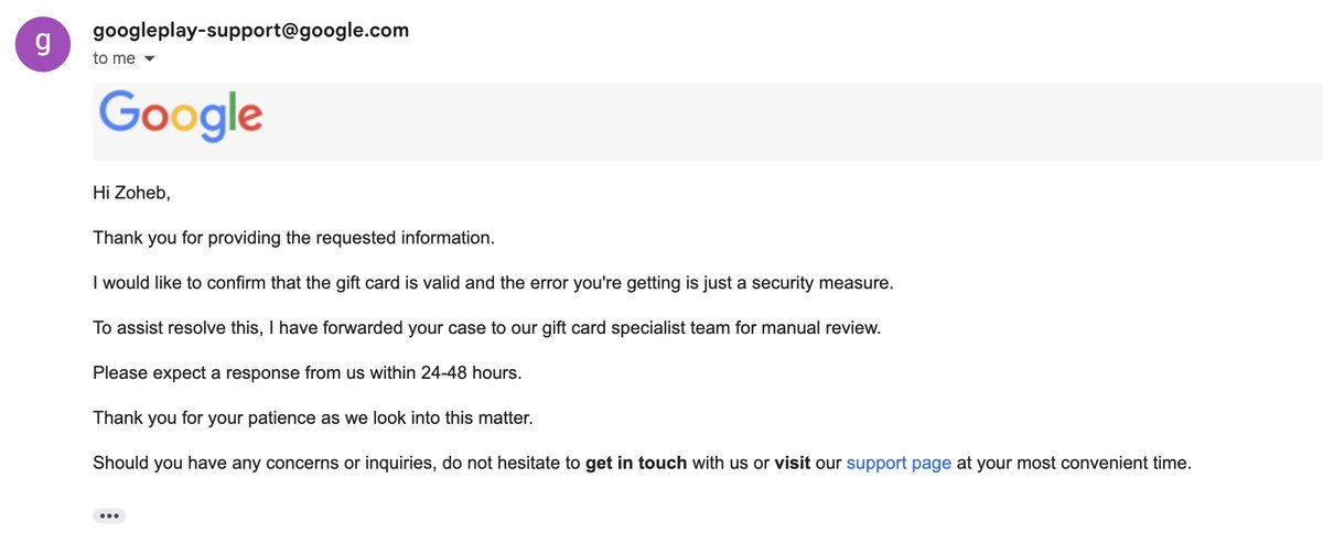 techgrapple's tweet image. #GoogleSupport #Google #GooglePlay @GooglePlay @Google @sundarpichai The Supervisor confirmed Gift Card is valid. I sent them invoice and digital card screenshot. And they says I still can't use Gift Card. What type of Bullshit is this?