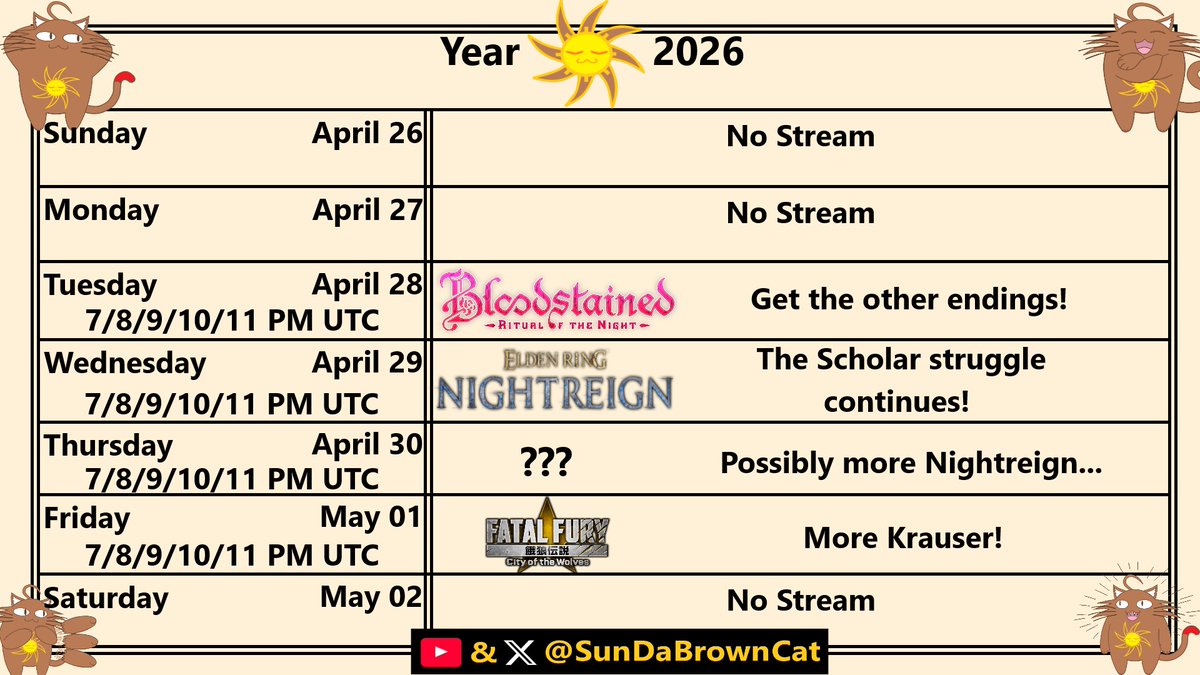 SunDaBrownCat's tweet photo. Schedule for this week.
#bloodstained #ritualofthenight #eldenring #nightreign #fatalfury #cityofthewolves https://t.co/bX2xej6rzc