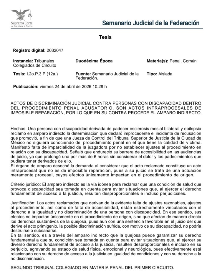 Adrianreginoo's tweet photo. ⚖️ Discapacidad + proceso penal = obligaciones reforzadas

Si una persona con discapacidad participa en un proceso penal:

El Estado debe garantizar:
✔️ Ajustes razonables
✔️ Accesibilidad
✔️ Condiciones adecuadas de participación

Si no lo hace:

👉 No es solo una falla procesal
👉 Es una violación a derechos humanos

Y lo más importante:
💡 Es un acto de imposible reparación

Por eso:
✔️ Se puede impugnar vía amparo indirecto
