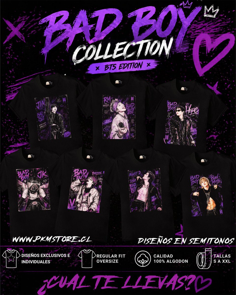 minkariang's tweet photo. Holaa Army 💜
Les muestro mi nueva Bad Boy Collection BTS 🔥
Camisetas negras estilo bad boy con cada miembro en morado.
¿Cuál bias se llevan primero? Comenten 👀
Esto y más en https://t.co/RcFbrHDEoX
#bts #btsarmy #btsmerch #btschile #rm #jin #suga #jhope #v #jk https://t.co/lWWwrMZfa6