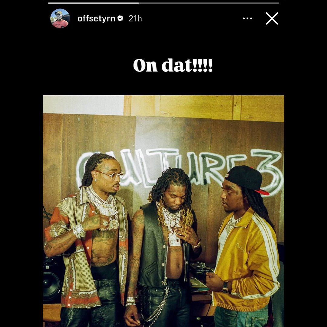 HotNewHipHop's tweet image. Quavo &amp;amp; Offset appear to be hinting at a potential Migos reunion album in honor of Takeoff via their recent IG stories 👀

"REAL MIGO BLOOD RUN IN MY VIENS!!! AINT NO NEW CHAPTER JUST THE NEXT ONE!!!"