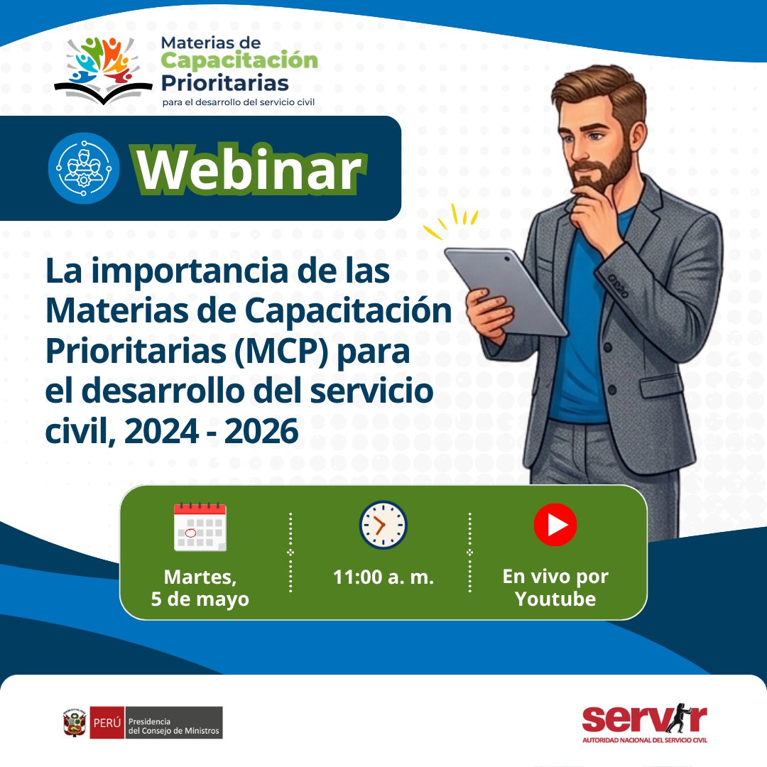 SERVIR_PERU's tweet image. 🚀 ¡Impulsa tu crecimiento profesional en el Estado!
Te invitamos al #webinar:
"Importancia de las Materias de Capacitación Prioritarias #MCP para el desarrollo del #ServicioCivil, 2024 - 2026"
🗓️Martes, 5 de mayo - 11:00 a. m.
📲En vivo por Youtube Servir Tv PERÚ

#Capacitación