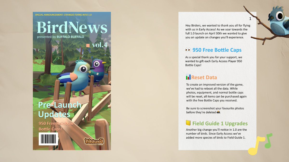 _BuffaloBuffalo's tweet photo. Couple things for Birdseed Early Access Players before launch on Thursday!
Note: If youโve downloaded Early Access but havenโt yet opened Birdseed, open it before the end of Wednesday, April 29th to receive the free bottlecaps.
#indiegame #vrgame #cozygame #birdgame https://t.co/BOc14JrIOr