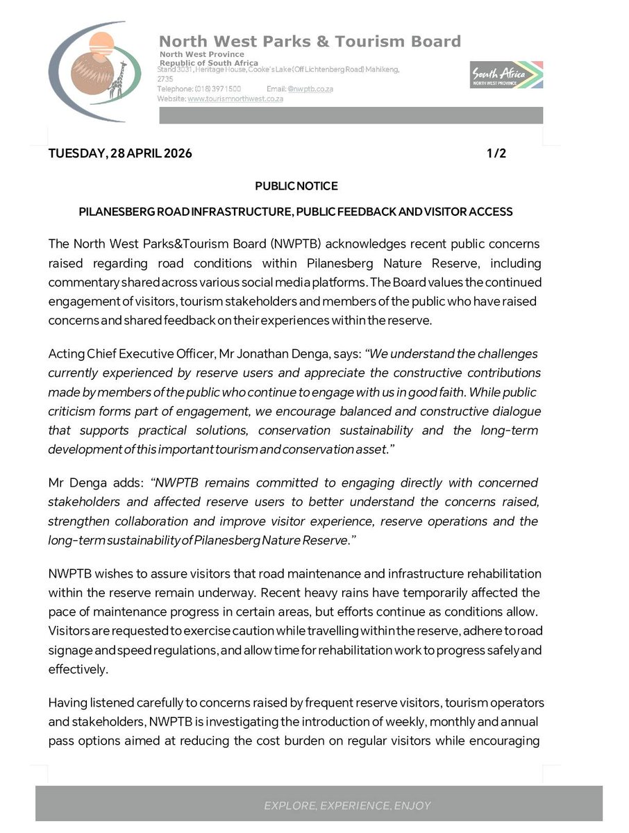 TourismNW's tweet photo. Pilanesberg Nature Reserve Road Infrastructure, Public Feedback and Visitor Access Public Notice https://t.co/QeZGhsRnc3