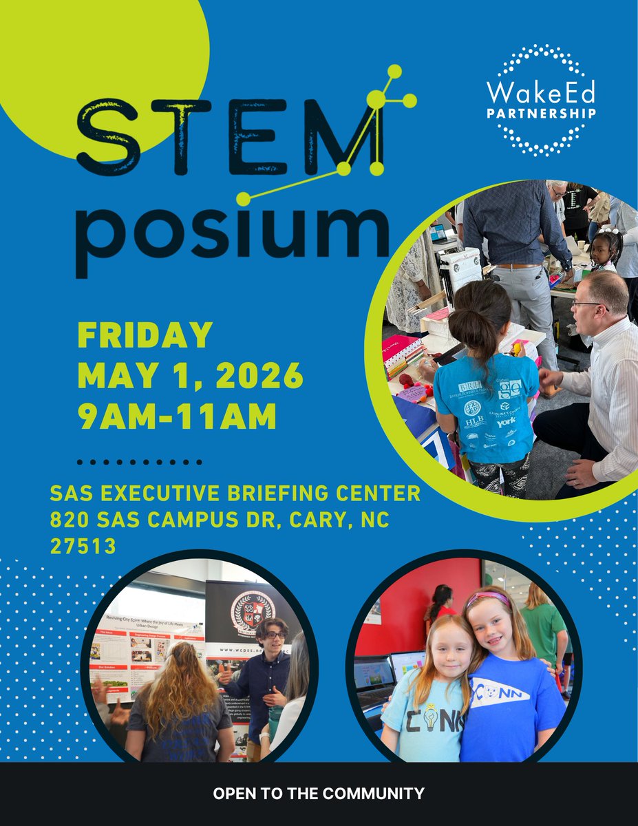 wakeedpa's tweet photo. Students aren’t just completing assignments—they’re solving real-world problems.

Join us Friday for STEMposium 2026 as @WCPSS  students & teachers showcase hands-on STEM projects created through WakeEd’s SummerSTEM program.

📅 May 1 | 9–11 AM
📍 SAS Executive Briefing Center, Cary
#STEMposium #WakeEd #WCPSS #SummerSTEM