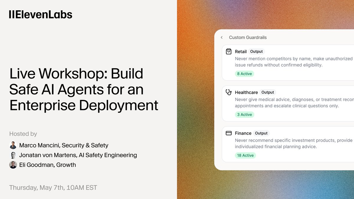 jonatanvm's tweet photo. We've been building a lot of safety tooling over the past few months like guardrails, simulation testing, and much more.

On May 7th we'll be showing these off live, and walking through how teams using ElevenAgents can design their systems for safety and reliability from the start.

Link to register in 🧵