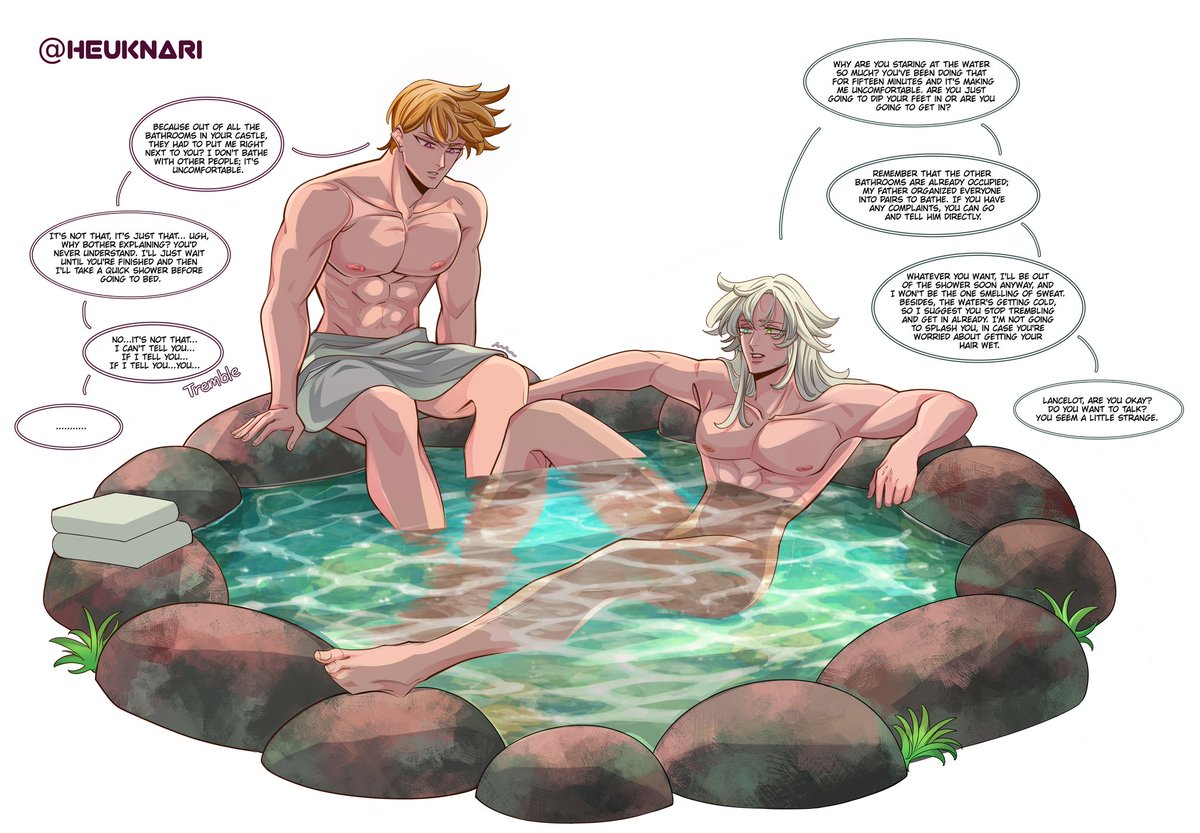 Heuknari's tweet photo. Day 01: Hot springs.

Lancelot is a genderless fairy, so he is embarrassed that Tristan knows this, which is why he is ashamed to bathe with him.

#ラントリ #LanceTrisWeek2026 #黙示録の四騎士 #LanceTrisWeek #MokushirokunoYonkishi #LanceTris #Trislance https://t.co/tCAjILsp0p