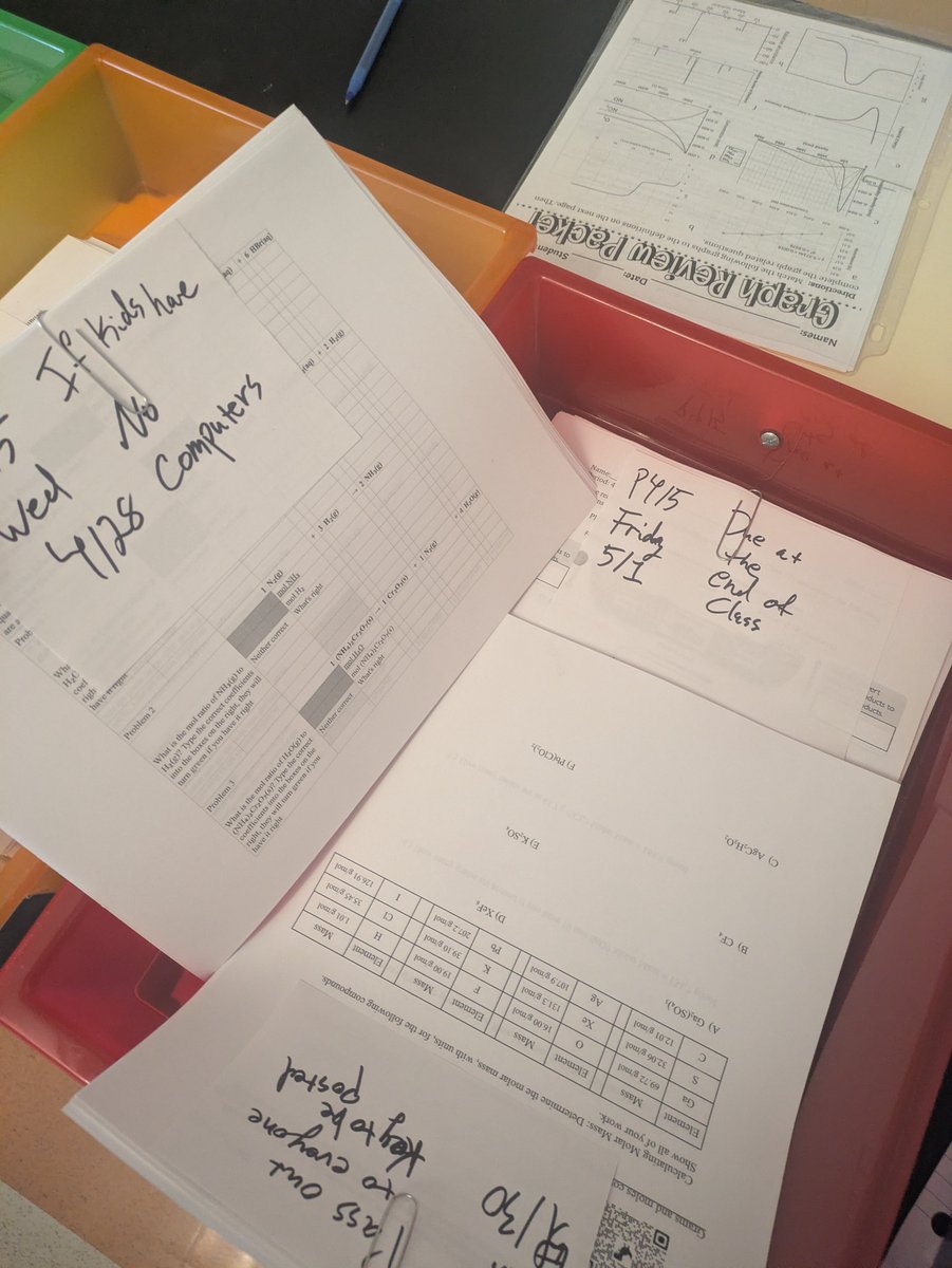 ChemNHS's tweet image. I unfortunately have to be out the rest of the week. Even with all of this prepped and organized, and posted on Google Classroom too, I'm going to expect ~50% turn in rate of assignments over 3 days -_-'' #Teacher #Teaching