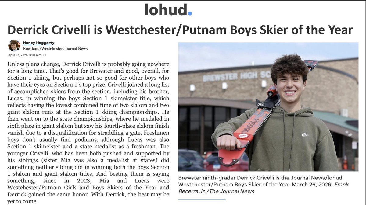 brewsterschools's tweet photo. 🥇Congratulations to BHS 9th Grader Derrick Crivelli who has been named the Journal News/Lohud Sports Westchester/ Putnam Boys Skier of the Year! #BrewsterPride🐾 https://t.co/PU3gXAFCSW