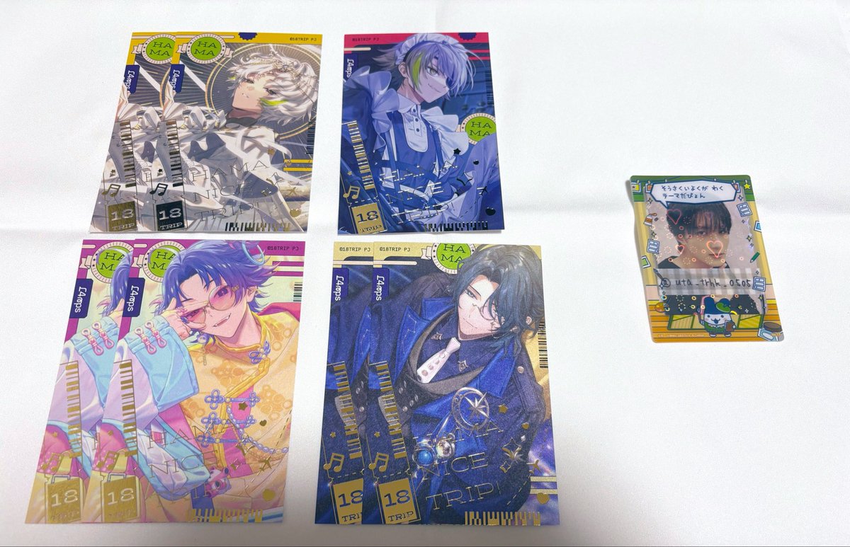 uta_trhk_0505's tweet photo. 18trip エイトリ シャイニーカード 交換 買取 譲渡

求 : 280 / 枚 ＋ 送料（ ＋ 手数料 ）

譲 : 添、あく太、季助、潮、宗氏、糖衣、琉衣、子タロ、夜鷹

◇ 添は抱き合わせ必須
◇ 条件良い方優先
◇ 郵送のみ📮

検索からでもお気軽にお声掛けください🙇🏻‍♀️ https://t.co/81gQaG3biV