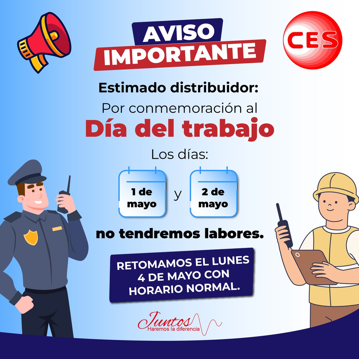 CEShytera's tweet image. 📢 Aviso importante
Por conmemoración del Día del Trabajo, no tendremos labores los días 1 y 2 de mayo.
Retomamos actividades el lunes 4 de mayo en horario normal.

#CES #diadeltrabajo #distribuidores #radiocomunicacion #mexico