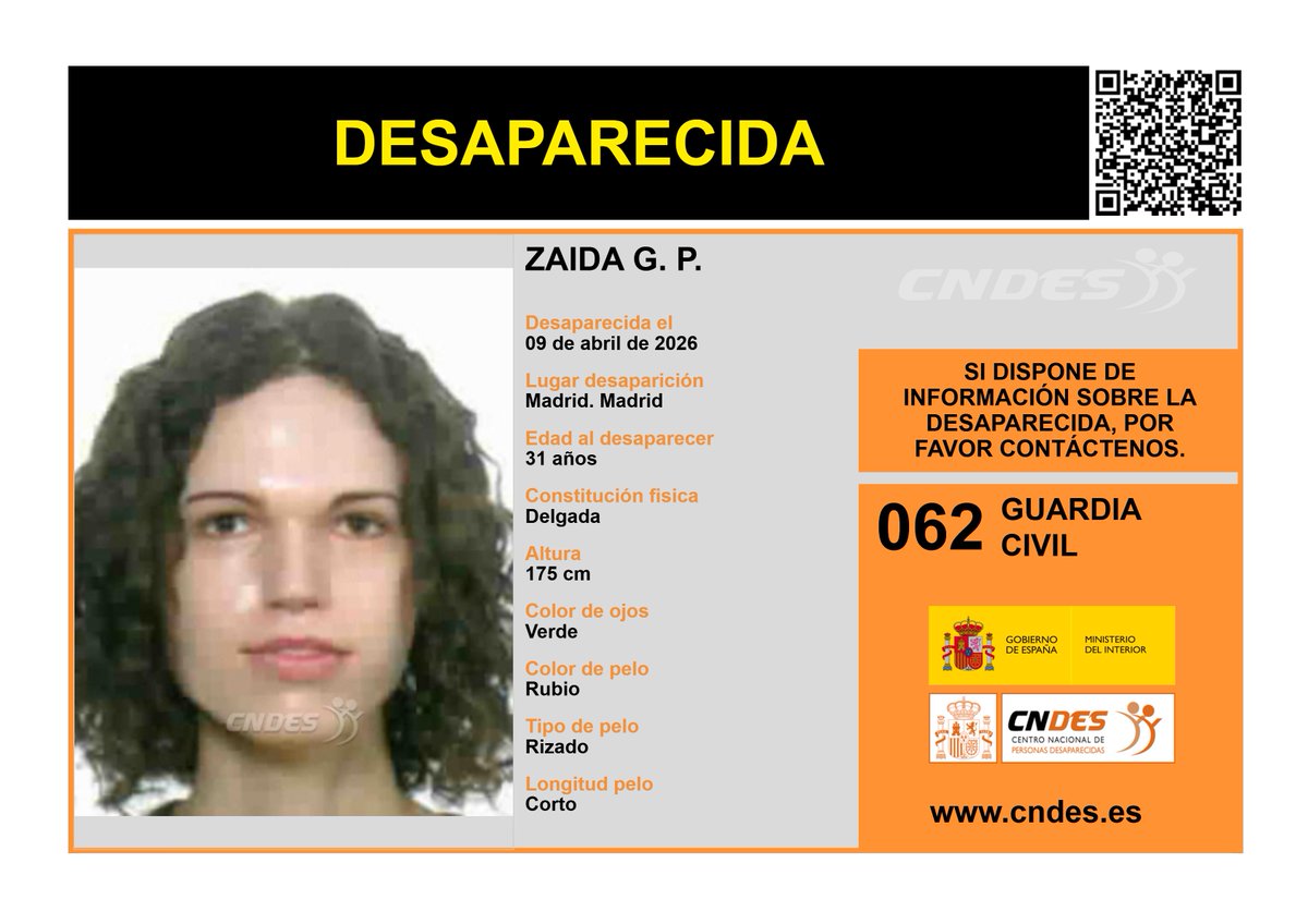 cndes_oficial's tweet photo. 𝘼𝙇𝙀𝙍𝙏𝘼⚠️
🚺DESAPARECIDA
Edad 3⃣1⃣años
🧐vista por última vez #Madrid
🔄 RT para ayudar a encontrarla
Si la has visto o tienes pistas 📩https://t.co/Cvcf0xyNTu
📞062 @guardiacivil
🔗 Canal oficial @cndes_oficial
#desaparecida https://t.co/uoXM5CFFhL