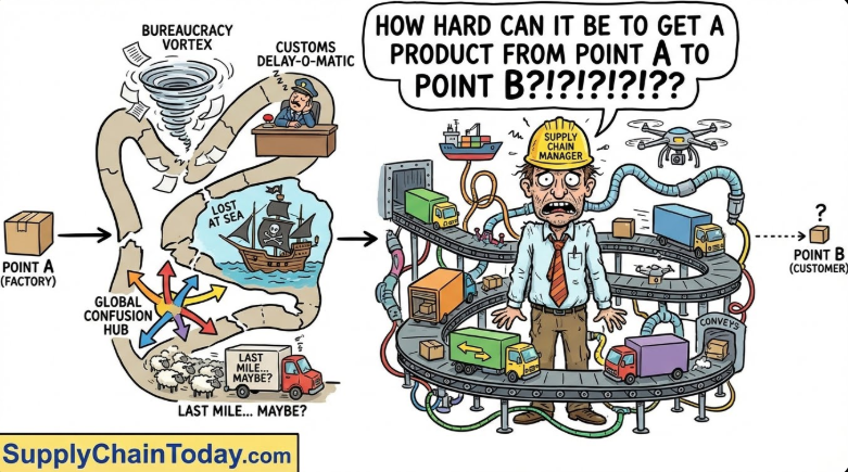 SupplyChainBlog's tweet image. Point A to Point B is simple, as long as you ignore traffic, customs, capacity, labor, and physics.
Supply chain is easy—nothing ever goes wrong between factories, ports, trucks, warehouses, and customers. #supplychainhumor #supplychain