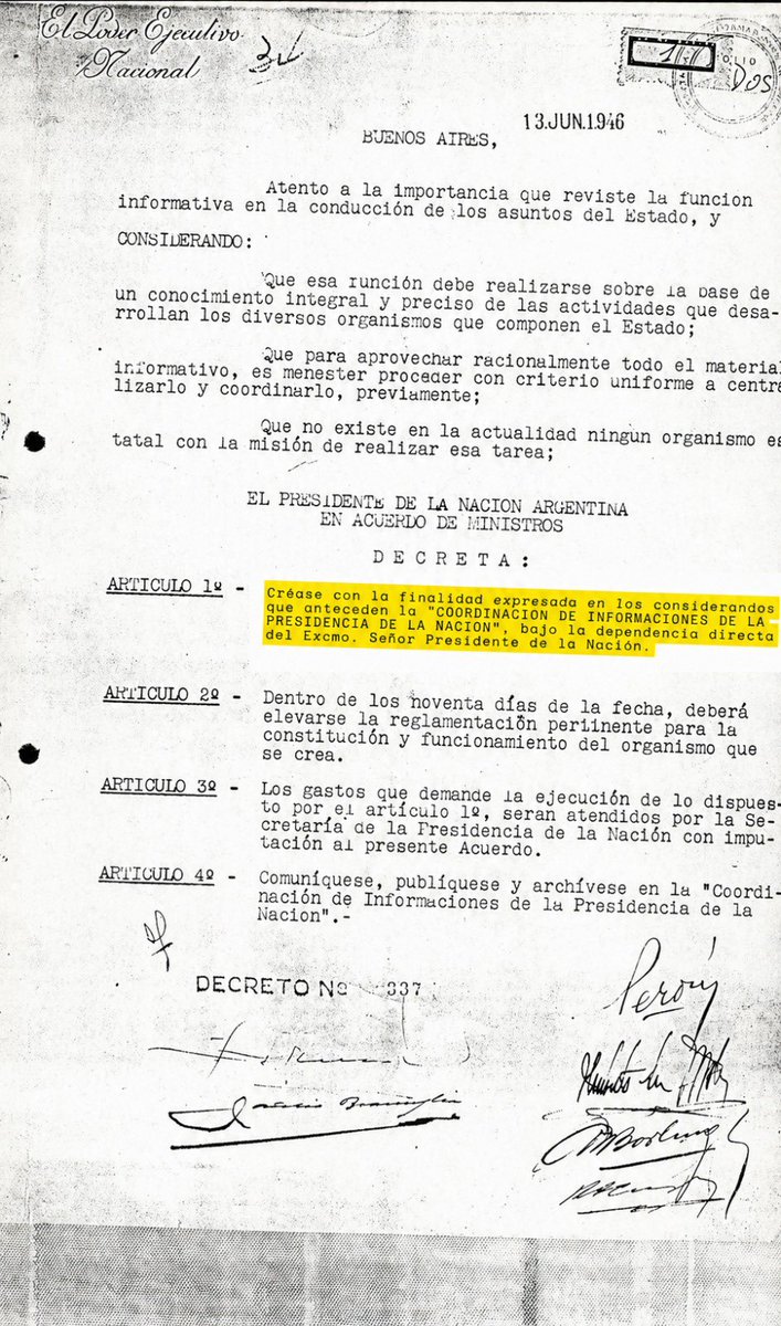 JLagoRodriguez's tweet photo. Hoy se publicaron los decretos a través de los que se creó la SIDE en 1946 y 1951. 
La entonces “Coordinación de Informaciones de la Presidencia de la Nación” fue el organismo predecesor de nuestra secretaría. 

En 1951 ya se enfatizaba la importancia estratégica de contar con un servicio de inteligencia: “El Servicio de Informaciones de Estado tendrá como finalidad fundamental proporcionar al Poder Ejecutivo las bases informativas necesarias para la mejor conducción de los asuntos del Estado y, en particular, de la seguridad nacional”. 

La Inteligencia de Estado fue concebida y continúa siendo una herramienta clave para la toma de decisiones de las máximas autoridades del Poder Ejecutivo Nacional.