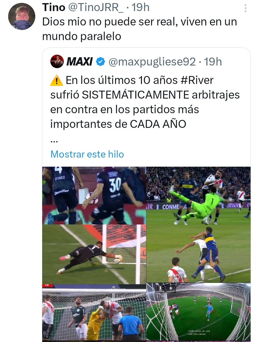 El bostero es caso de estudio.

Le das un hilo detallado con fotos y videos de cada situación, principalmente jugando contra SU equipo, entre ellos el partido más importante de la historia del fútbol a nivel clubes...

Y lo mejor que se le ocurrió fue "viven en un mundo paralelo"