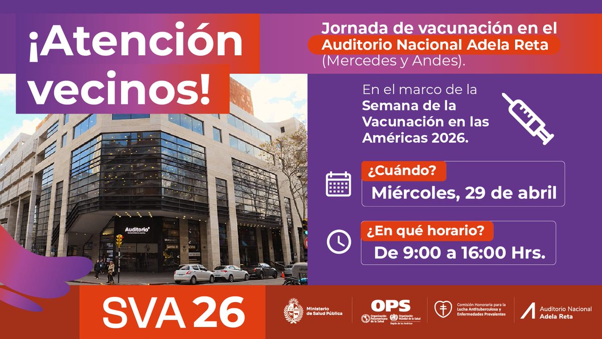 AuditorioSodre's tweet photo. 💉 Mañana de 9 a 16 h los esperamos para la jornada de vacunación abierta a la comunidad en el Auditorio Nacional Adela Reta.

Se aplicarán vacunas contra gripe, COVID-19 y las correspondientes al Esquema Nacional de Vacunación y campañas vigentes. https://t.co/BAo6xsLdVU