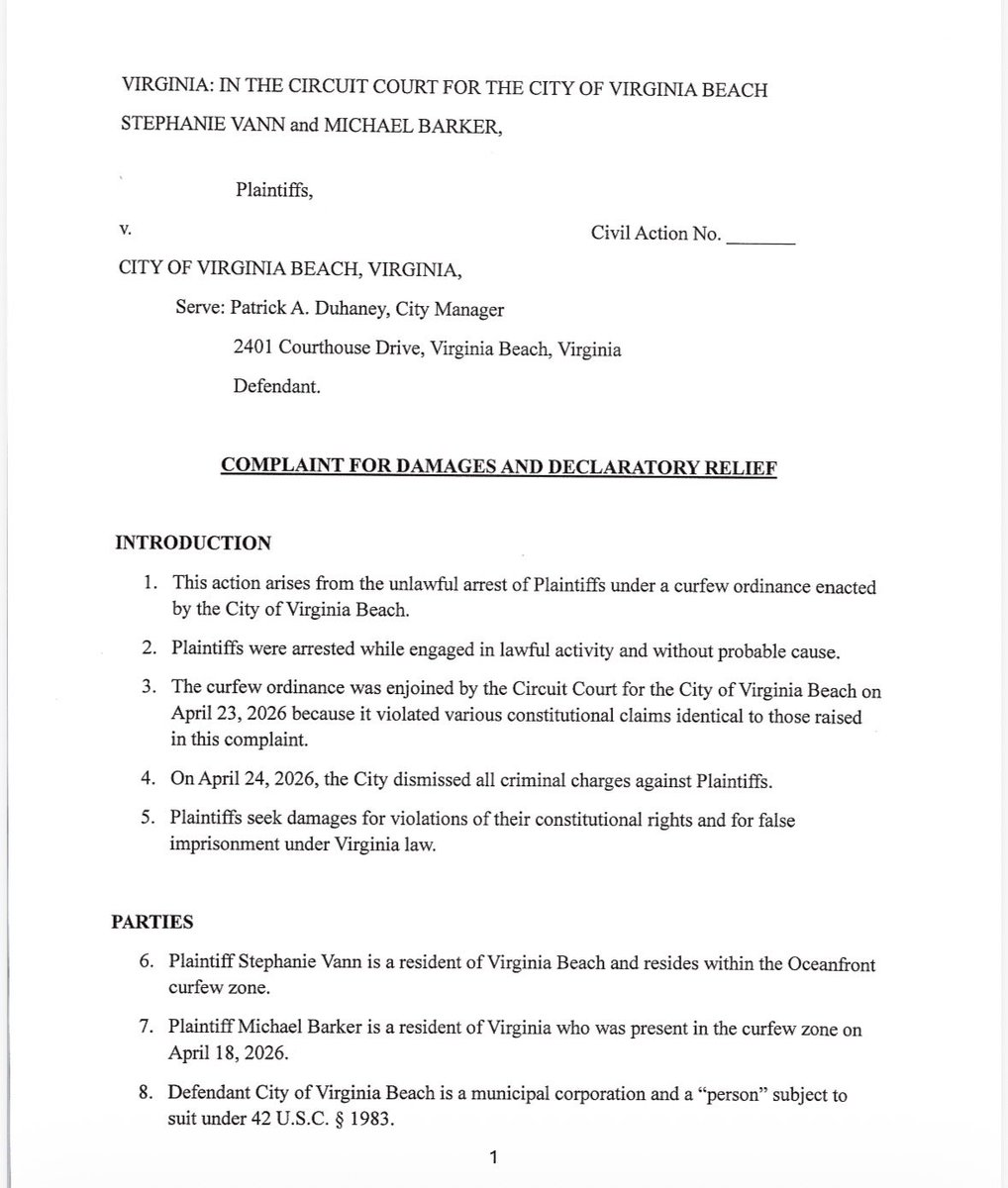 We’ve filed a new $10 million lawsuit to hold the City of Virginia Beach accountable for enforcing an unlawful curfew that led to the arrest of law abiding citizens. 

This case is about standing up for constitutional rights. 

When government oversteps its authority and uses
