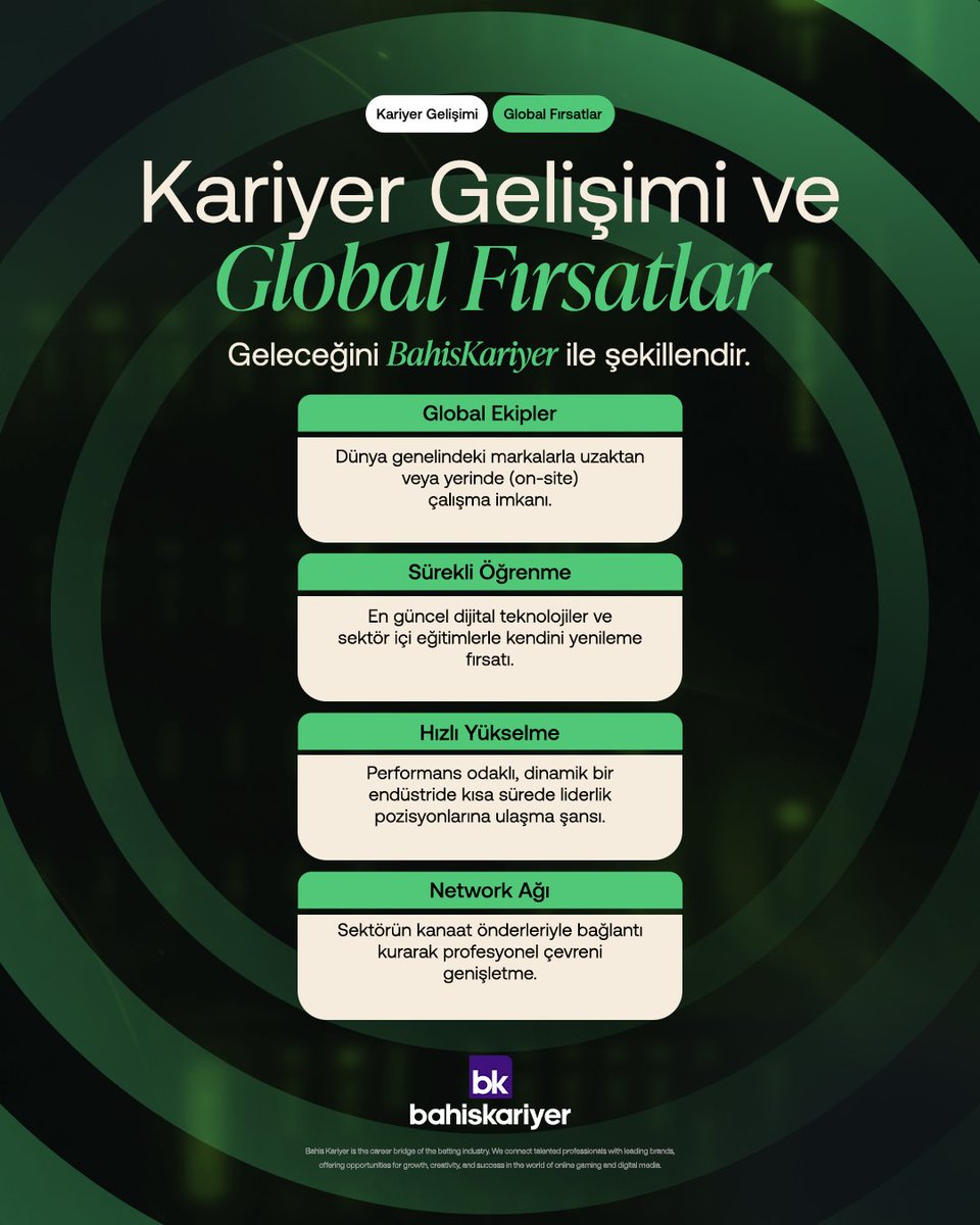 bahiskariyer's tweet image. Sınırları aşan bir kariyere adım atmaya hazır mısınız? 

Bahis Kariyer, sadece bir iş değil; yeteneklerinizi global sahneye taşıyacak kusursuz bir kariyer yolculuğu sunuyor. Geleceğini bizimle şekillendir! 

#Network #İşHayatı #İstihdam