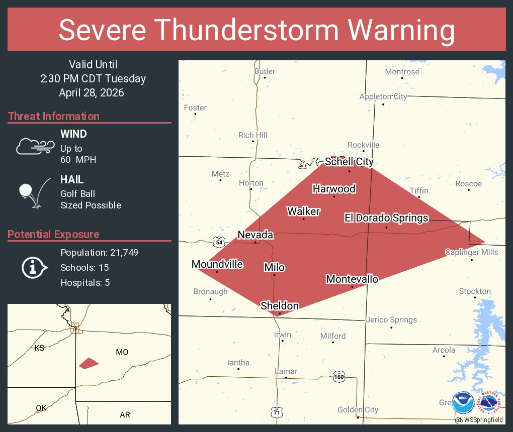 Severe Thunderstorm Warning including Nevada MO, El Dorado Springs MO ...
