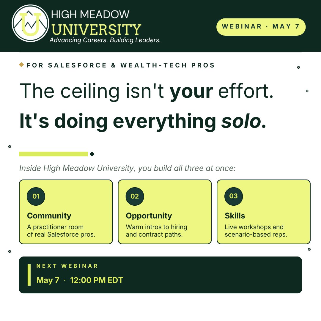 HighMeadowUni's tweet image. Skill ceilings aren’t always your effort. Sometimes it’s just doing it solo.
High Meadow University is built for Salesforce and wealth-tech practitioners who want three things at the same time. 
#SalesforceAdmin #SalesforceConsultant #TechCareers
