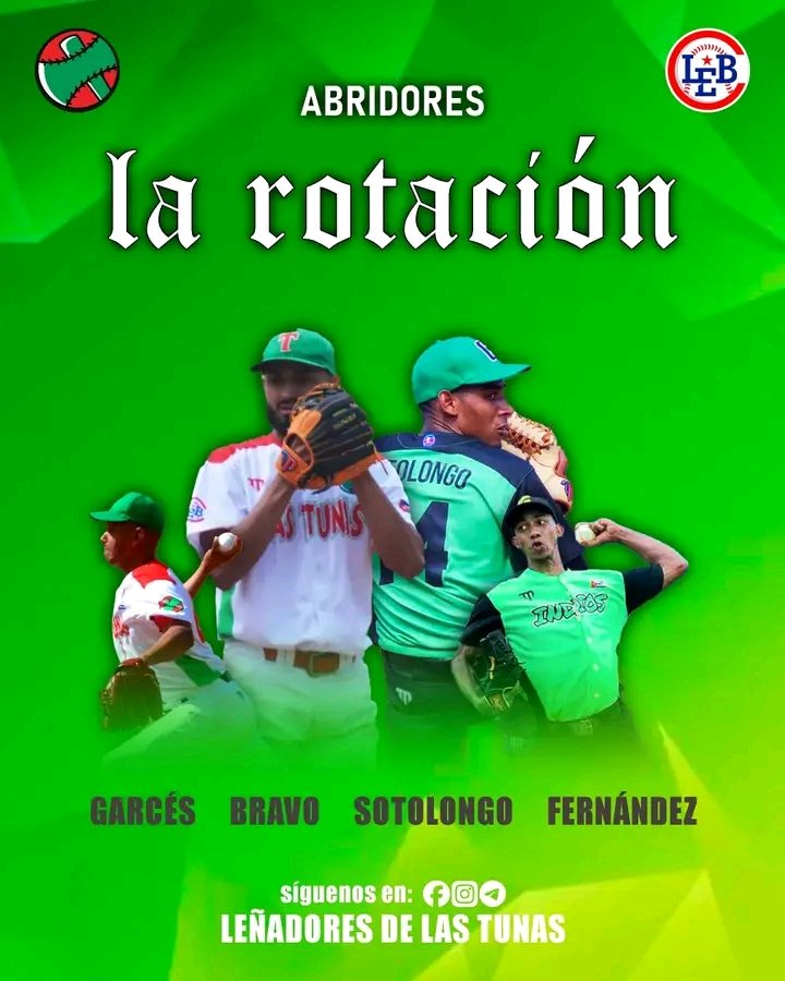 CastroYann8597's tweet photo. ROTACIÓN DE ABRIDORES:
Estos serán nuestro abridores en el inicio de la temporada 2026 de la Liga Élite del Béisbol Cubano.
- Yosmel Garcés
- Eliander Bravo
- Islay Sotolongo
- Enyer Fernández
#DeporteLasTunas
#DeportesParaTodos
#LasTunas
@EquipoTunero
#LEBC
#fuerzaverdirroja https://t.co/2GM7BlqvuQ