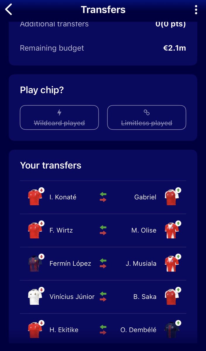 FplSaidashian's tweet photo. My #MD15 Team
Going all Differential on captaincy
🧢 Musiala (2% ownership) Day 1
🧢 Saka (4% ownership) Day 2
I wanna have more fun playing this game with these 🧢 choices
5 FTs: Konate/Wirtz/Fermin/Vini Jr./Ekiteke➡️Gabriel/Olise/Musiala/Saka/Dembele
Play it your way and have fun as it is just a game
2.1m in the bank
OR🌍: 90k
#UCLFantasy #UCL #FPLCommunity #FPL