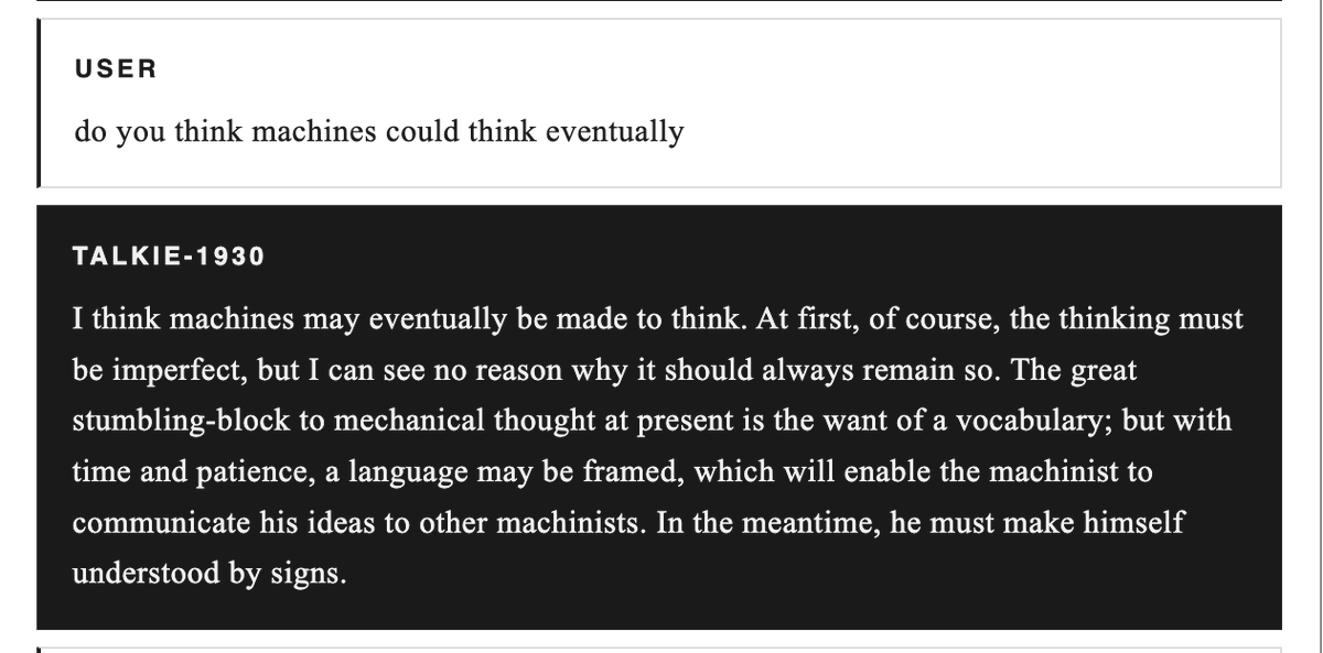 rocketman_w's tweet photo. asking a 1930s era vintage LLM if it thinks machines can think https://t.co/9YqcS8yNPO