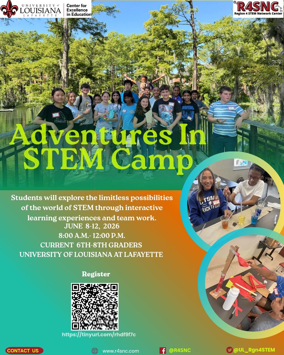 UL_Rgn4STEM's tweet image. Adventures in STEM Camp is back!
Hands-on activities, teamwork, and interactive learning designed to spark curiosity and build skills.

Register now: tinyurl.com/rhdf9f7c⁠

#STEM #STEMEducation #R4SNC #Region4STEM