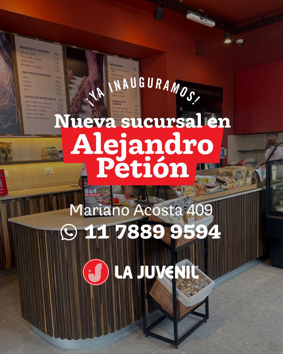 LaJuvenilPastas's tweet image. 🎉 ¡Inauguramos en Alejandro Petión!🎊

📍Mariano Acosta 409, Cañuelas, PBA 
📲 wa.me/5491178899594
🕘 Lunes a sábado 9-21h. Domingos 9-14h
💳💲/Crédito/ débito/ transferencias
📞 Reservá telefónicamente para #TakeAway

Las mejores pastas y #MuchoMásQuePastas