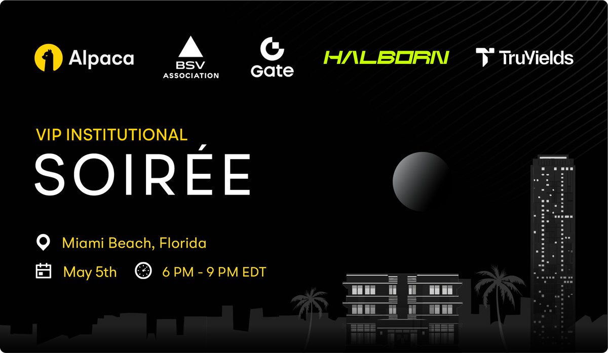 AlpacaHQ's tweet photo. We’re co-hosting a private VIP Institutional Soirée alongside @HalbornSecurity, @GateUS_Official, @TruYields, and @BSVAssociation during @consensus2026 Miami. 🏝️

This invite-only gathering brings together institutional participants, trading firms, allocators, and teams building across digital assets.

Join us for an evening of good food, drinks, and conversation with industry peers in a relaxed setting.

📅 Tuesday, May 5
📍 Versace Mansion, Miami Beach
 ⏰ 6:00 – 9:00 PM

Request to join in the thread below!