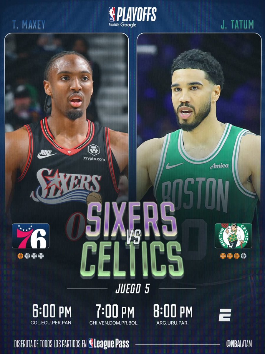 🏀 #NBAPlayoffs | <a href="/sixers/">Philadelphia 76ers</a> (#VamosPhilly) vs. <a href="/celtics/">Boston Celtics</a> (#DifferentHere)
🎙 Relator: <a href="/EJerezESPN/">Ernesto Jerez</a>
🎙 Comentarista: <a href="/obricio7/">fabricio oberto</a>
📺 #ESPN3 Sudamérica
📺 #ESPN2 Centroamérica
📺 #ESPN México
📺 <a href="/espn/">ESPN</a> &amp; <a href="/ESPNDeportes/">ESPN Deportes</a> 🇺🇸
20:00 🇦🇷🇺🇾🇵🇾
19:00 🇧🇴🇻🇪🇩🇴🇨🇱
18:00 🇨🇴🇵🇪🇪🇨🇵🇦
17:00 🇳🇮🇬🇹🇸🇻🇨🇷🇭🇳🇲🇽
💻📱
