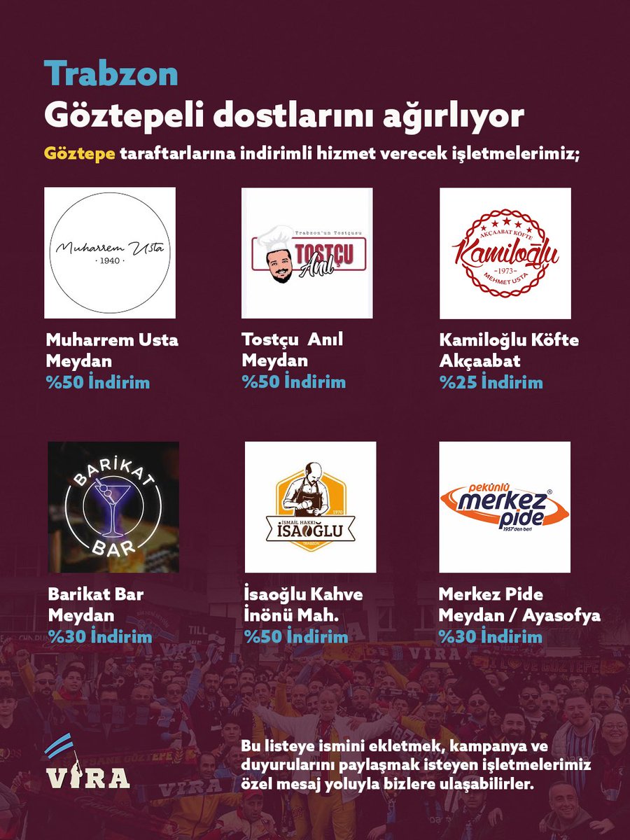 “Trabzon Göztepeli dostlarını ağırlıyor…”

İzmir’de bizleri büyük bir dostluk ve özveriyle ağırlayan Göztepe taraftarlarını şehrimizde en güzel şekilde misafir ediyoruz…

Göztepeli dostlarımıza şehrimizin her noktasında kıymetli işletmelerimizin, esnaflarımızın da gerekli ilgi