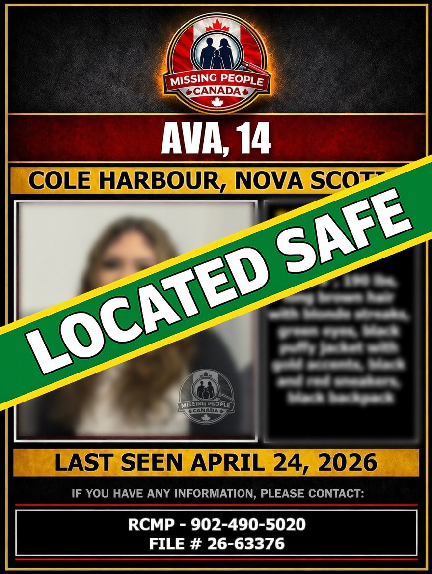 Missing_CA's tweet image. ✅ LOCATED SAFE – AVA

Ava, 14, who was reported missing in Cole Harbour, Nova Scotia, has been located safe.

Thank you to the community for your assistance.

#LocatedSafe #Ava #ColeHarbour #NovaScotia #MissingPersonLocated #MissingPeopleCanada