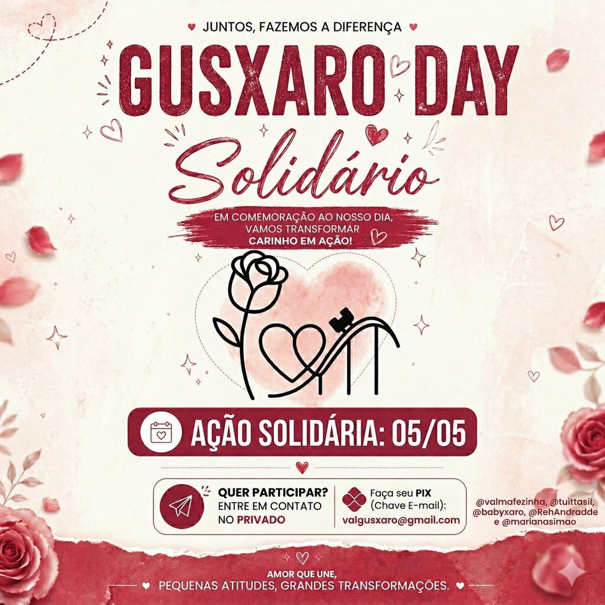 O Gusxaro Day Solidário está chegando! 🗓️ No dia 05/05, nosso compromisso é com a solidariedade.
Pequenos gestos, grandes impactos. Participe e ajude a transformar vidas! ❤️
📍 Quer ajudar? Chama no direct ou faça um PIX para: valgusxaro@gmail.com