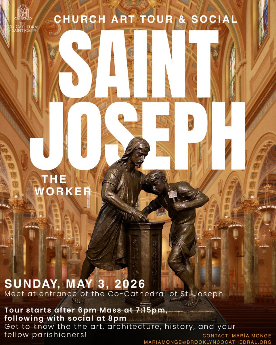 StJoseph_BK's tweet photo. This Sunday, May 3! In honor of the feast of St. Joseph the Worker we will host a church tour. Starting at 7:15pm, then social will be after in the undercroft of the Co-Cathedral.

For the social following there will be food and light refreshments available. See you there! https://t.co/bXNfcFo6k8