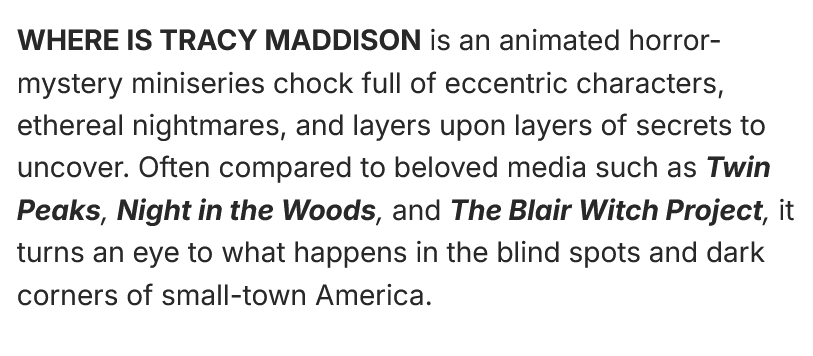 NintendoMan064's tweet image. Got another new Kickstarter I would like to share on.💻 This is is a horror mystery series is call, WHERE IS TRACY MADDISON.🐇
#WHEREISTRACYMADDISON #Kickstarter #Indie #IndieAnimation #Animation
kickstarter.com/projects/wishb…