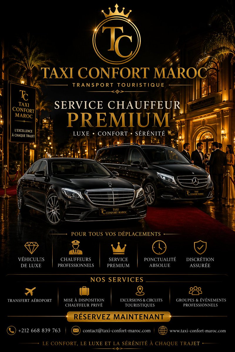 TaxiconforMaroc's tweet image. Le confort. Le luxe. La fiabilité.
Taxi Confort Maroc, votre référence.
#LuxuryBrand #PremiumExperience #TravelElite #MoroccoTransport #HighEndService #LuxuryLife