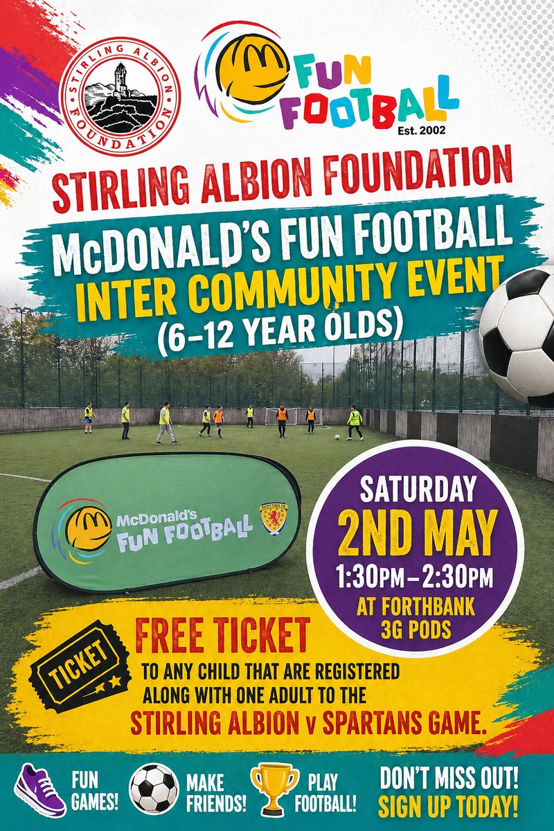SAFCFoundation1's tweet photo. Join us at our @FunFootballUK inter community event this Saturday at Forthbank.
To register your child's place and ticket for the Stirling Albion first team match please click on the link below
 ⬇️🔴⚪⚽

https://t.co/tj2a2LeSWF https://t.co/76LWz6R1cI