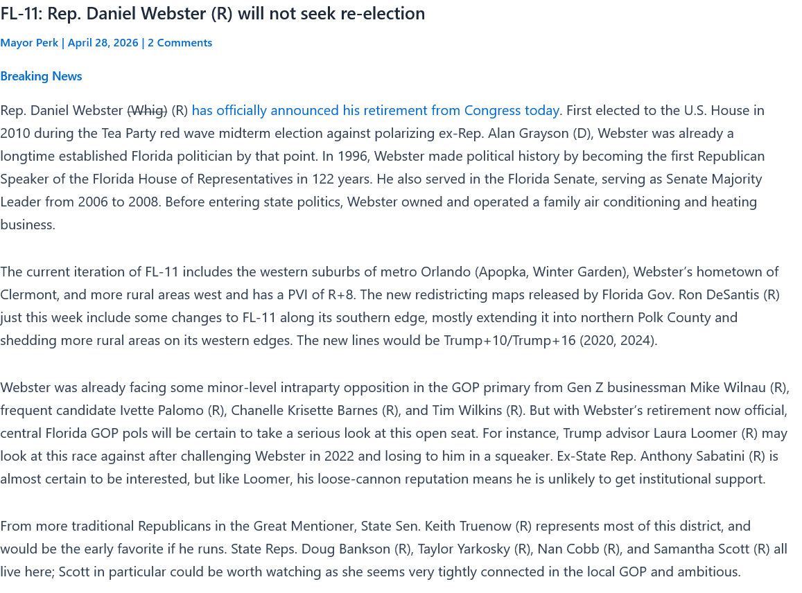 RRHElections's tweet photo. #FL11 Rep. Daniel Webster (R) will not seek re-election. We have a Great Mentioner for his suburban Orlando and Lakes Region seat here: https://t.co/WdJQRBbvfP https://t.co/9lmPl3FtCs